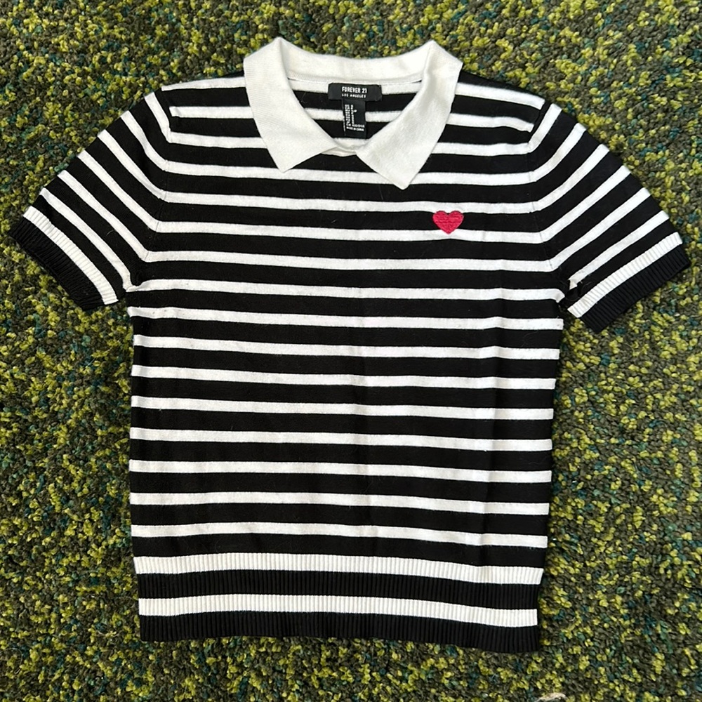 Forever 21 Knitted Collared Embroidered Striped Baby Tee